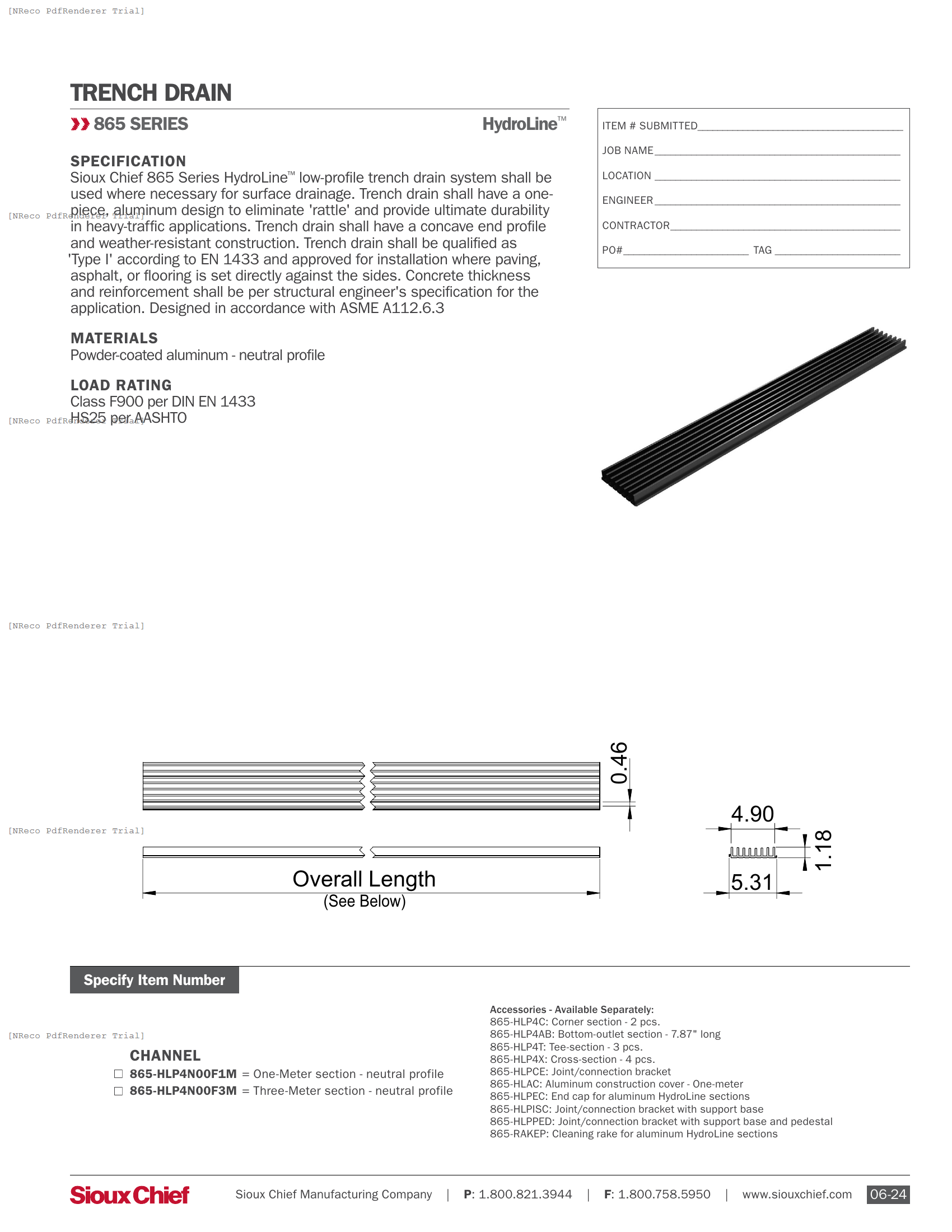 865 SERIES - HYDROLINE ALUMINUM SYSTEM - SPEC SHEET.PDF Specification Document